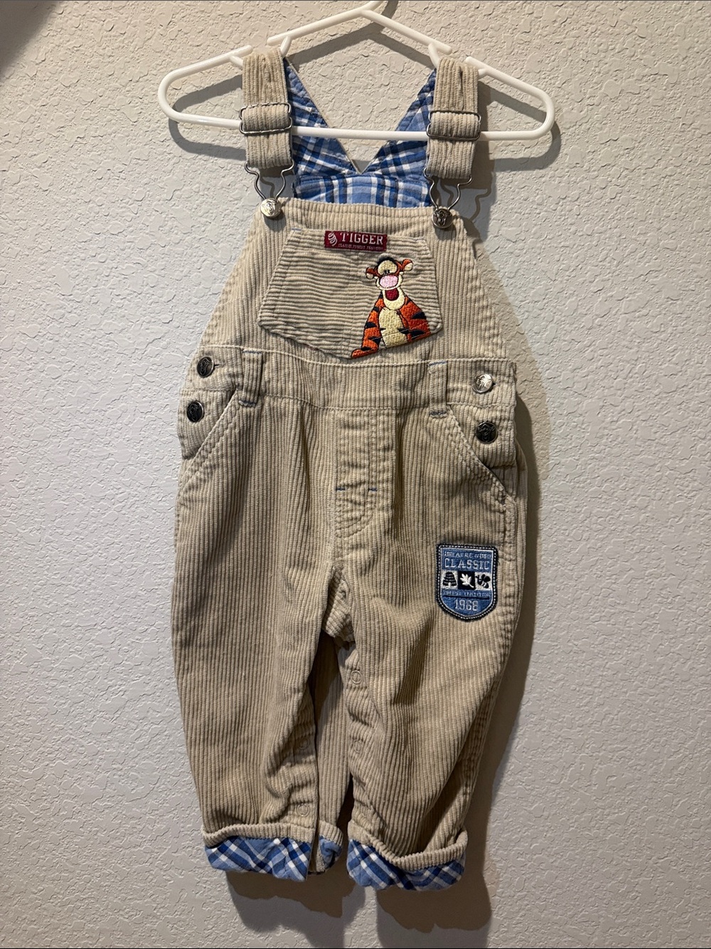 Disney Beige Corduroy Overalls with Blue Gingham Trim